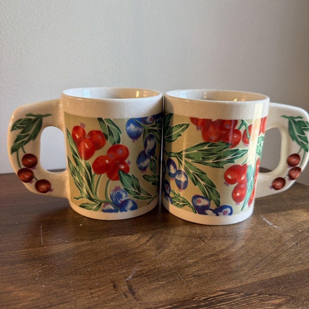Pair Vintage Fruit Coffee Mug Cup Cherry Blueberry Flat D Handle Kitschy Set 2